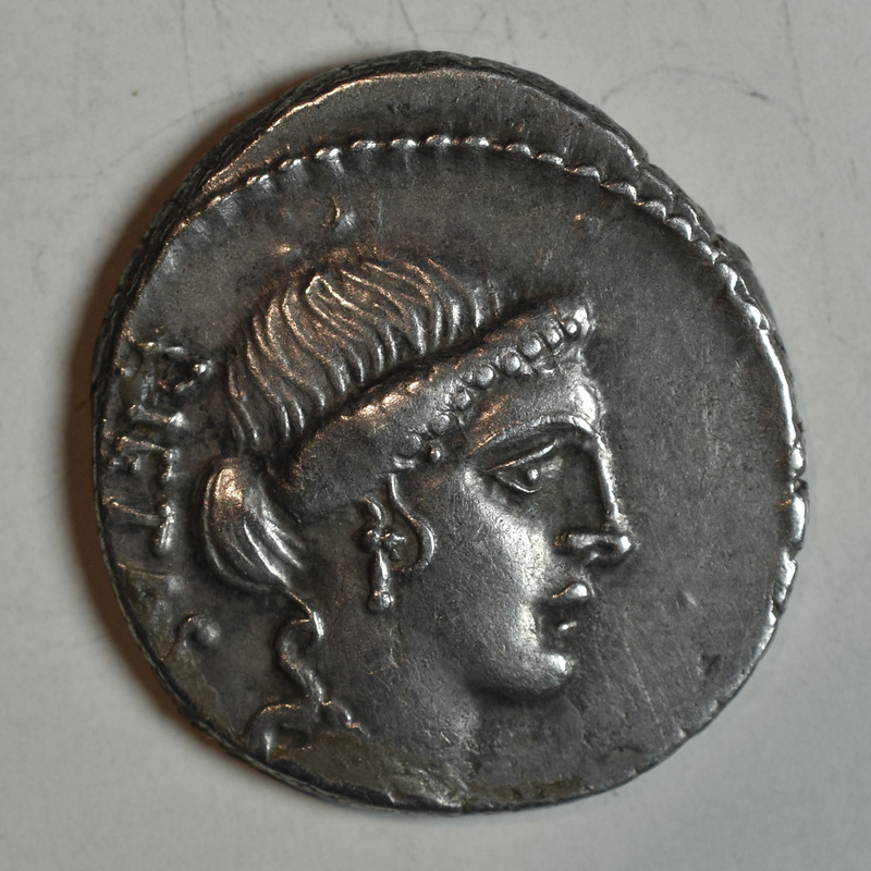 moneyer Decimus Postumius Albinus, Bruti f. -- Decimus Junius Brutus (later one of the assassins of Julius Caesar, but not M. Junius Brutus) was adopted by A Postumius Albinus and joined his adopted father's name to his own, although, as the coin shows, he still styled himself Bruti filius, 'son of Brutus'. ø dif coll = 0811; R10