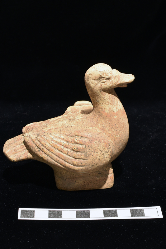 Small vessel in shape of duck with folded wings, attached to squarish base, at front of left  wing  projecting semicircular lip where attached body pierced with 5 strainer holes; attached to projection double horizontal loop handle with rectangular attachment on top just in front of strainer projection.  Wing and tail feathers articulated with parallel incisions; eyes incised, two small incisions on either side at back of bill,  and juncture of bill incised leading to aperture extending into body of vessel. Originally coated all over with reddish paint.