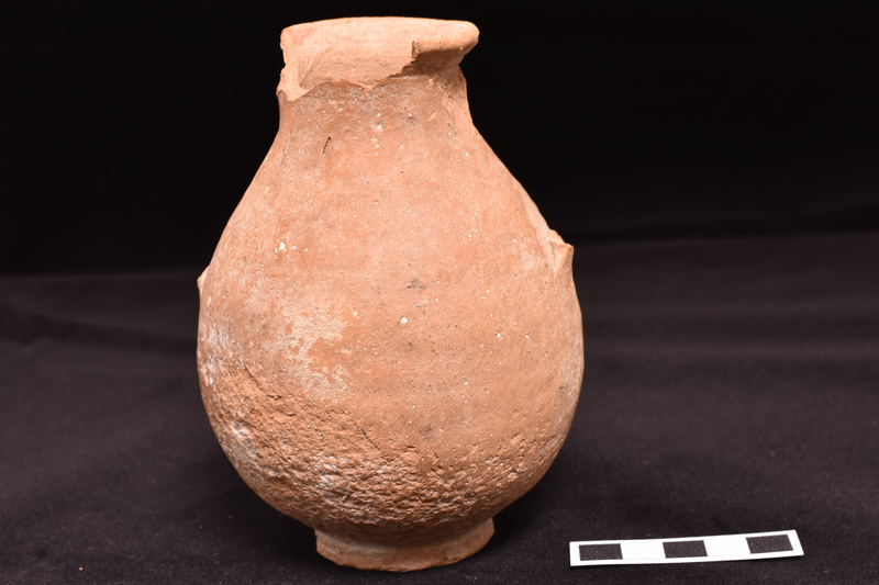 Depressed globular body on low offset base, slightly concave on underside, w low concave neck w thickened rim; handle stumps just above max D  & at base of neck.  Two incised rings below rim on ext.