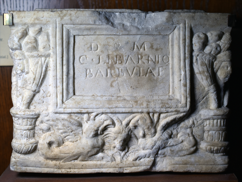 Small ash urn of white marble with inset plaque flanked by cornucopiae rising out of baskets; two antithetic griffins with curled tails {like hippocamps} below; faces at the corners.