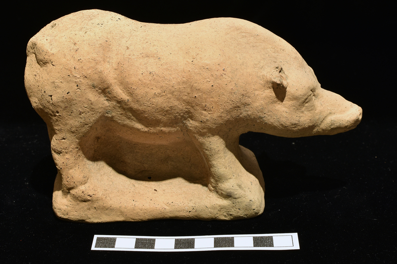 Standing boar with front legs diagonal to front rear legs about vertical with space between legs front and back and under belly solid, the whole resting on low rectangular base. Well modeled haunches, shoulders, and crest, with tail curved up over right rear leg.  Triangular ears, bulging brows over lightly incised eyes, nostrils and mouth indicated by incisions.  Vent hole in center of base.