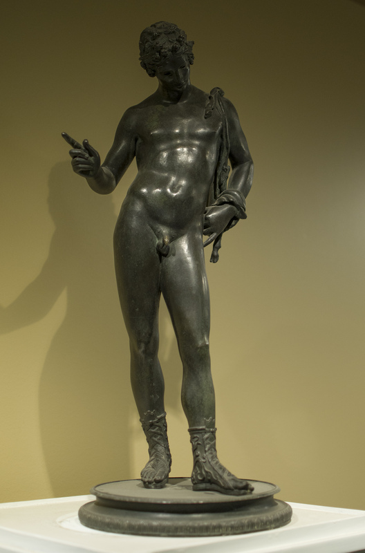 1:1 scale replica in bronze of the Roman period bronze statuette of Dionysus, misidentified as Narcissus, from the House of Narcissus at Pompeii. Bronze original held in the Naples Archaeology Museum; missing original base and panther. 